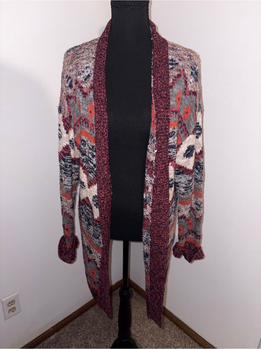 Mossimo Supply Co. Burgundy Multi Open-Front Patterned Cardigan